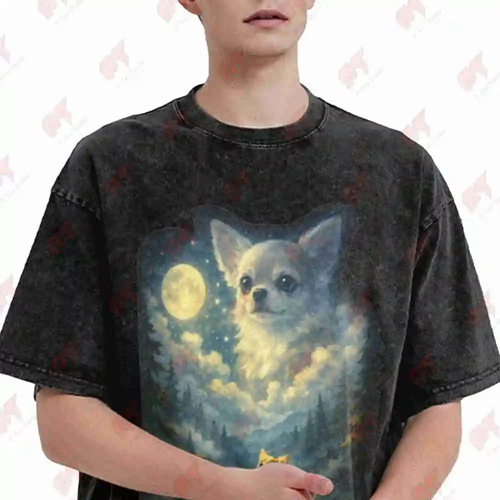 Chihuahua Howling At Moon Dog Print Vintage Washed Tee Pure Cotton T-Shirt