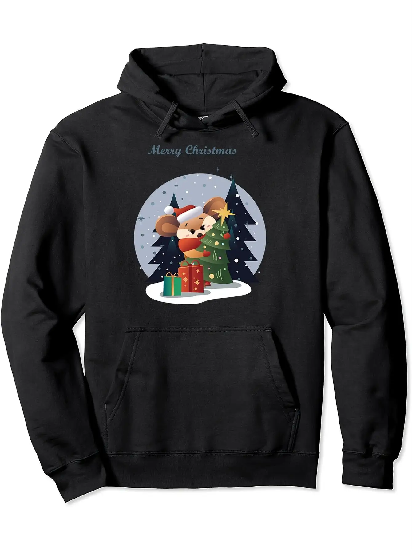

Рождественская толстовка с капюшоном Heavyweight 540Gsm — черная с принтом Санта-Клауса и Рудольфа, надпись Merry Xmas, теплый зимний пуловер