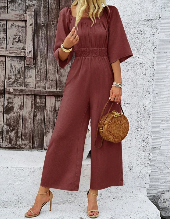 French Style Jumpsuit for Women Summer Fashion Casual Solid Color Short Sleeved Temperament High Waist Wide Leg Pants Jumpsuit