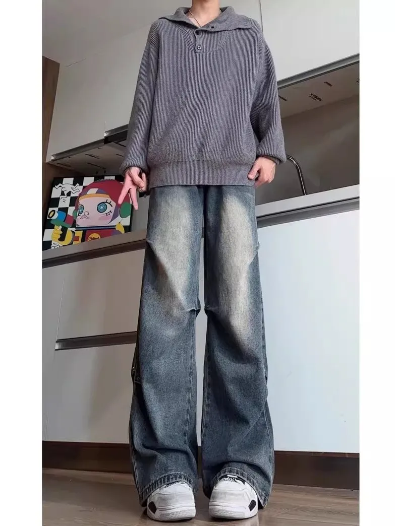 

American High Street Men's Loose Wide Leg Jeans Spring Autumn Micro Flared Knife Workwear Trousers Youth Faion