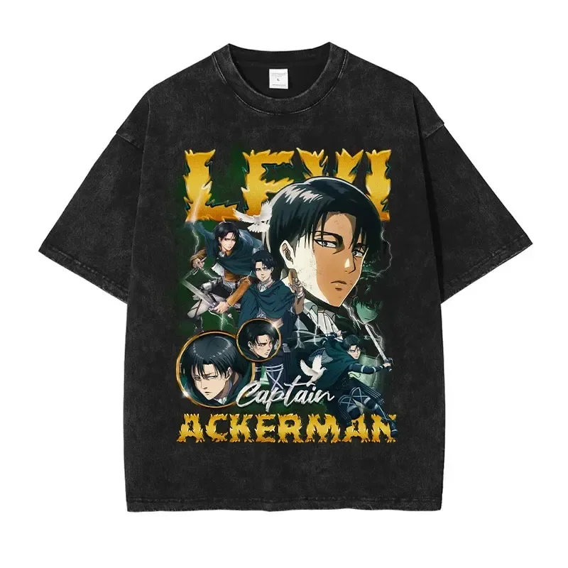 Mikala ackeri T shirts vintage washed anime Attack on Titan T-shirt Levi Eren tshirts Shingeki no Kyojin tops tees 100% cotton