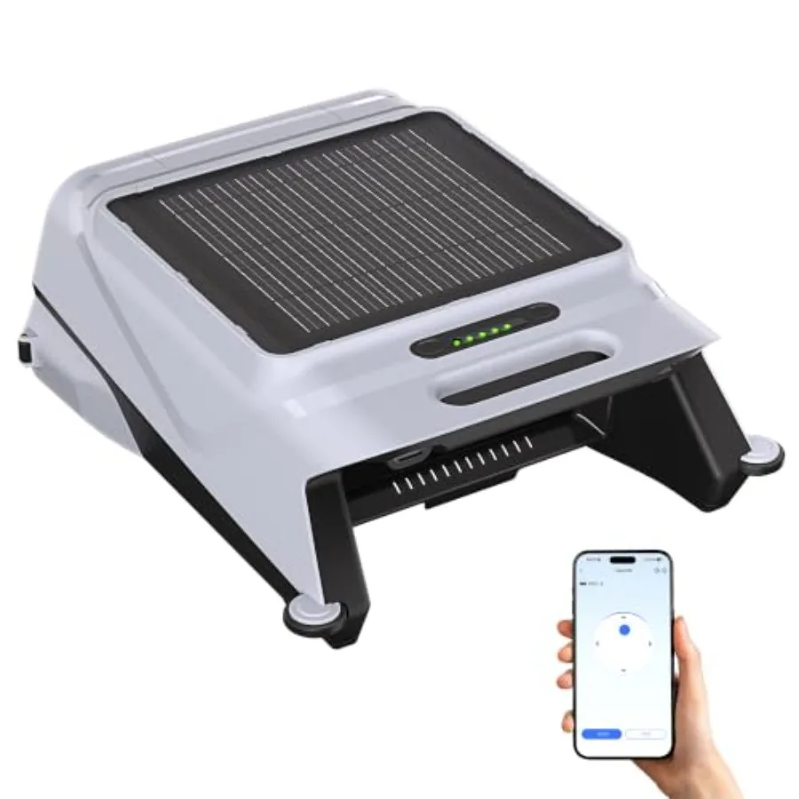 Pool cleaning robot with solar-powered and automatic operation, ABS plastic body, grey color, 24/7 continuous cleaning with sma