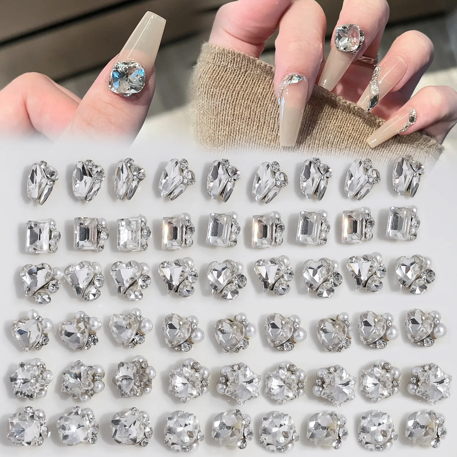 10pcs Luxury Transparent Diamond Glitter Decoration Flash Rhinestones Glass Gems Stones 3D Charms Crystals Nail Parts Suplies