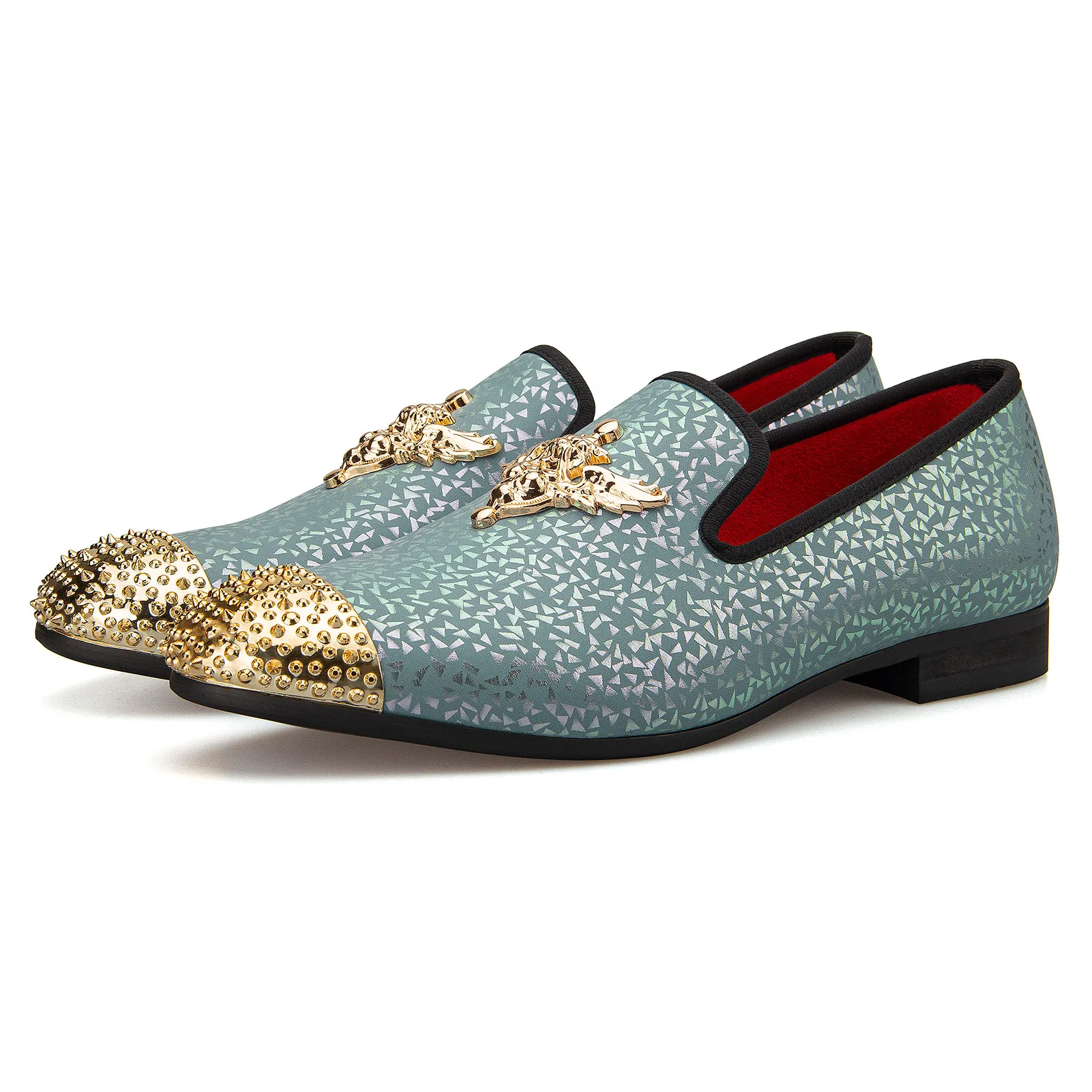 Luxury Men's White Shiny Fabric Loafers Gold Metal Emblem Rhinestone Toe Cap Red Lining Slip-On Formal Smoking Shoes