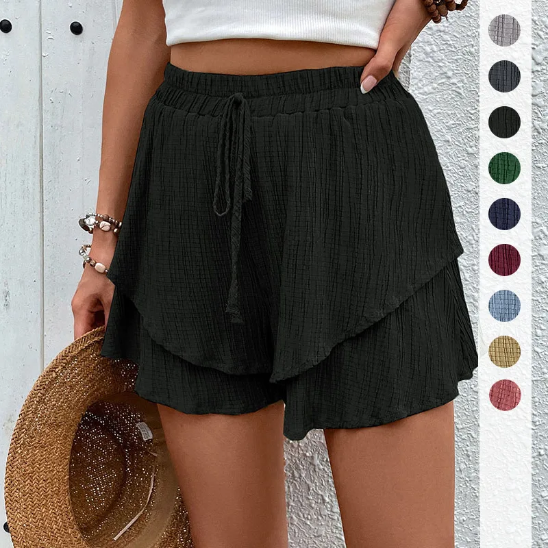 

2026 New Summer Casual Minimalist Vacation Style Pants with Lace-up Texture Double Layer Solid Color Women's Shorts