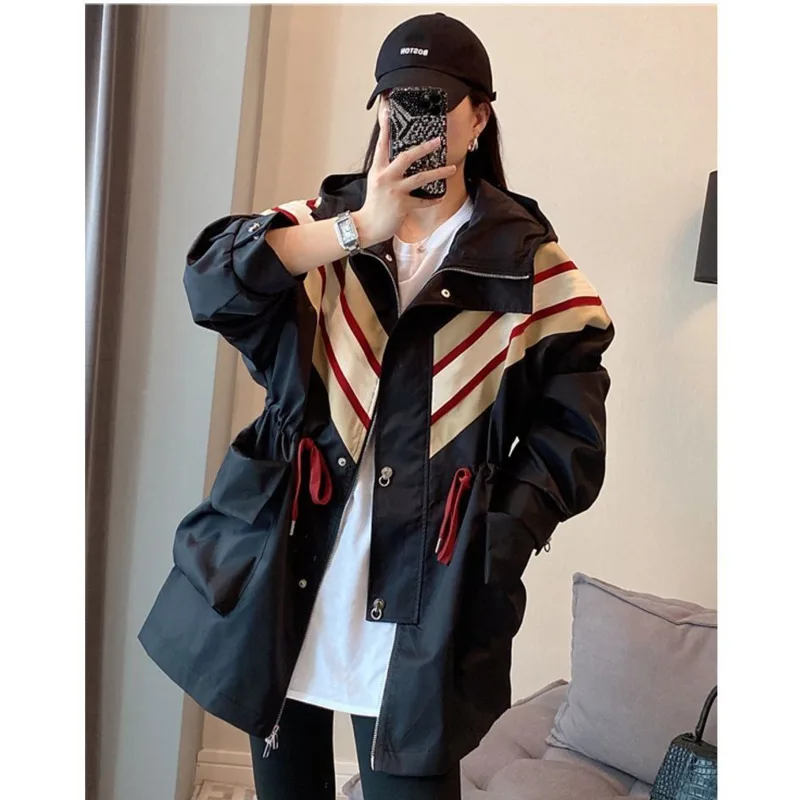 Black Women\'s Trench Coat 2024 Spring Autumn Patchwork Waist Hooded Overcoat Casual Loose Pocket Windbreaker Jacket Female