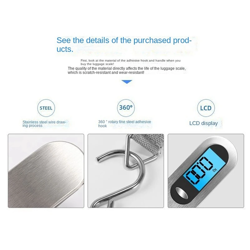 ตาชั่งพกพาน้ำหนัก50กก., เครื่องชั่งน้ำหนักกระเป๋าเดินทางดิจิทัลขนาดพกพาน้ำหนัก50กก. จำนวน1ชิ้น