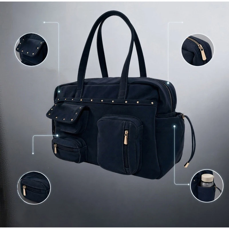 Mehrtaschen-Nietenhandtasche, Großraumige Einfarbige Metallnieten-Tragetasche, Vielseitige Pendler-Reise-Aufbewahrungstasche mit Schulterriemen – Detail 8