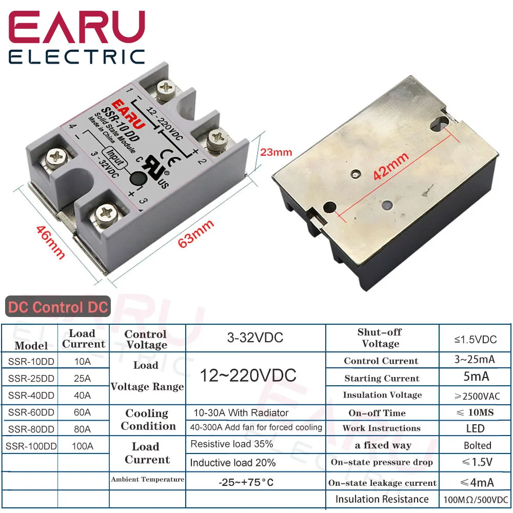 SSR-60DD SSR-100DD SSR 60A 80A 100A Solid State Relay Module DC3-32V Input DC12-220V Output DC Control DC Voltage Transformer