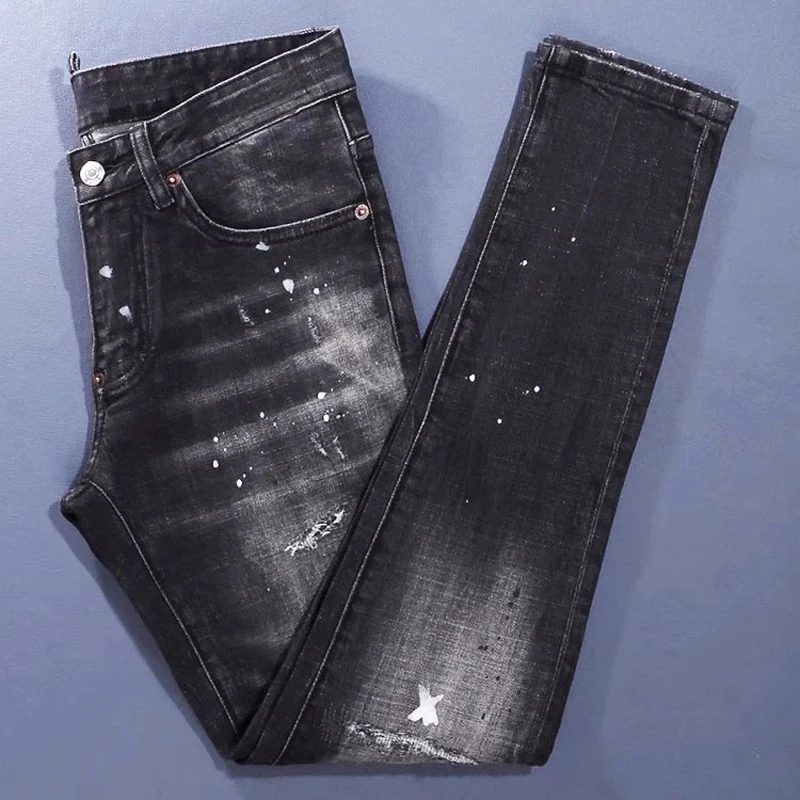 الشارع مصمم الأزياء الرجال الجينز عالية الجودة الرجعية أسود رمادي تمتد رسمت ممزق الجينز الرجال Y2K العلامة التجارية خمر الدنيم السراويل #3