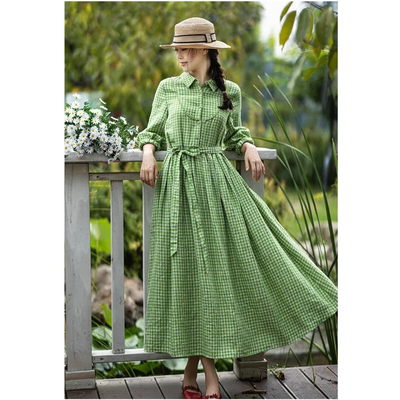 Długa lniana spódnica damska na jesień i zimę, w kratę, długa spódnica, uniwersalna spódnica w kształcie litery A, elegancka.