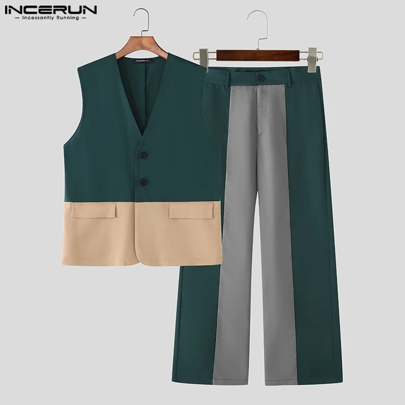 

INCERUN Men Sets Patchwork V Neck Sleeveless Vests & Straight Pants Two Pieces Sets Streetwear Loose 2025 Fashion Men's Suits