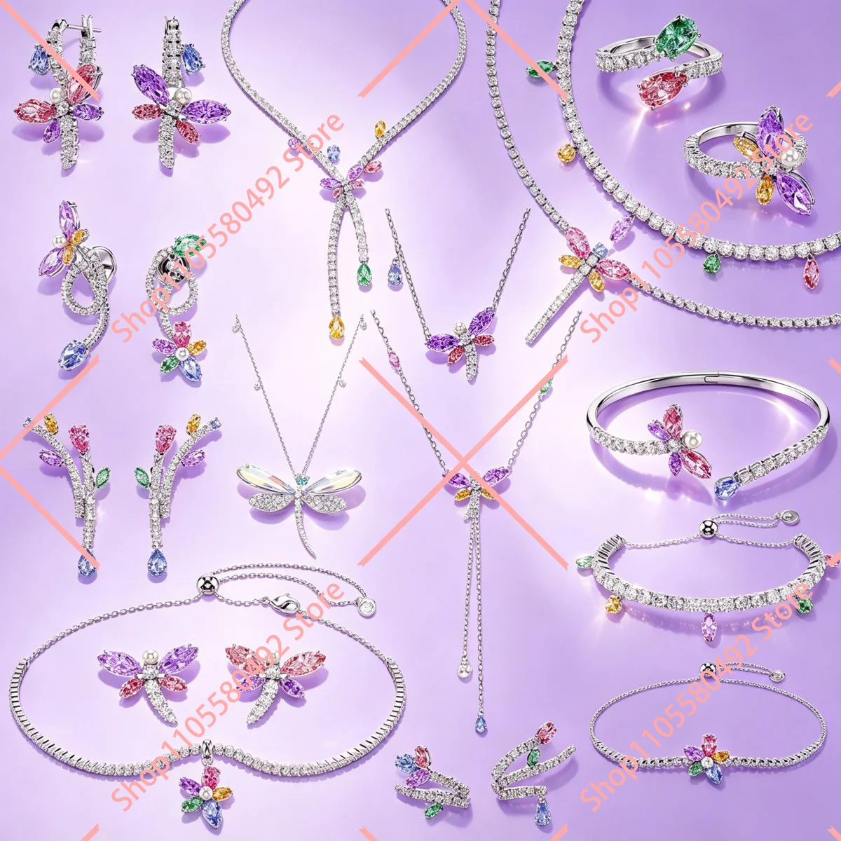 Nouvel ensemble de bijoux avec des libellules en zircon multicolores aux coupes variées, présentant de belles couleurs ; facile à porter pour les femmes.