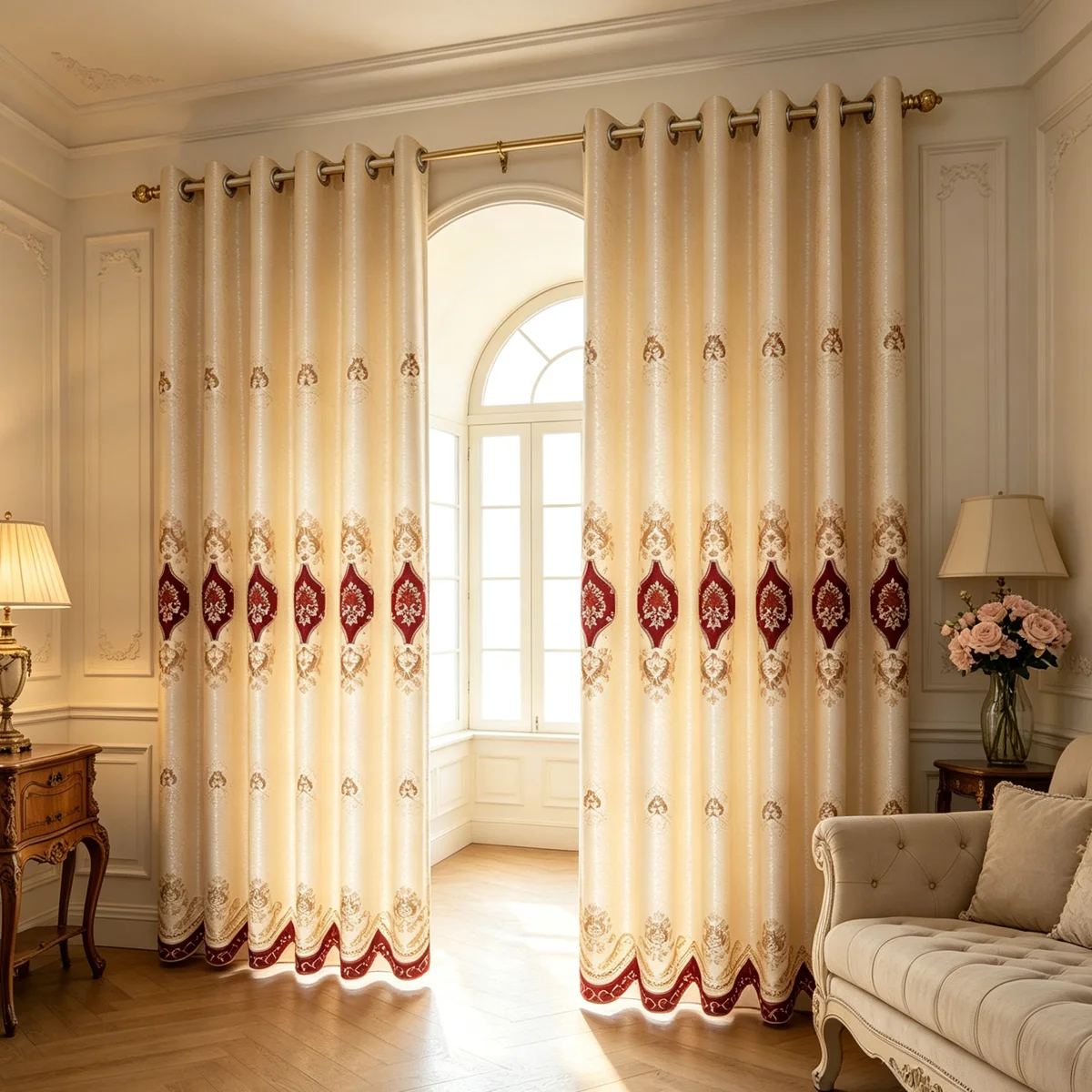 Jacquard Base Embroidered Eyelet Curtains, Classic Floral Embroidery Light Blocking Drapes for Household Villa Windows