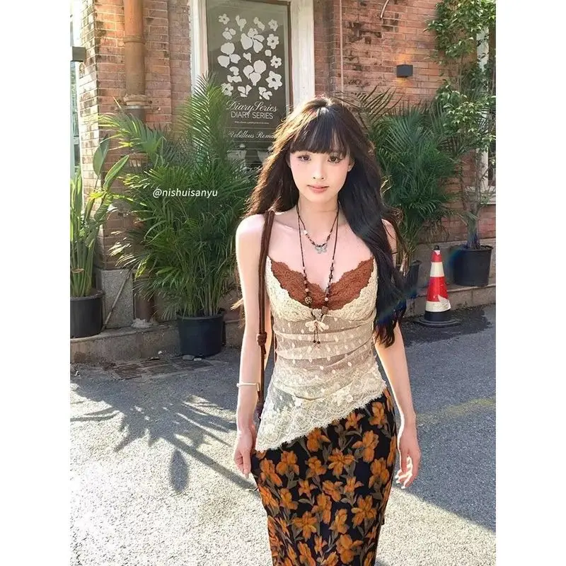 

Floral Lace Two Piece Set Women Polka Dot Sling Top with High Waist Skirt Set Asymmetric Hem Y2K Coquette AestheticSummerOutfits