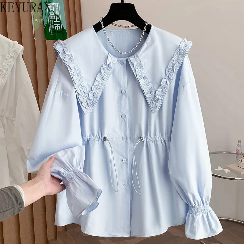 

Elegant Flare Long Sleeve Doll Neck Shirt for Women 2026 Spring New Korean Style Fashionable Slim Waist Casual Blouse Ladies Top