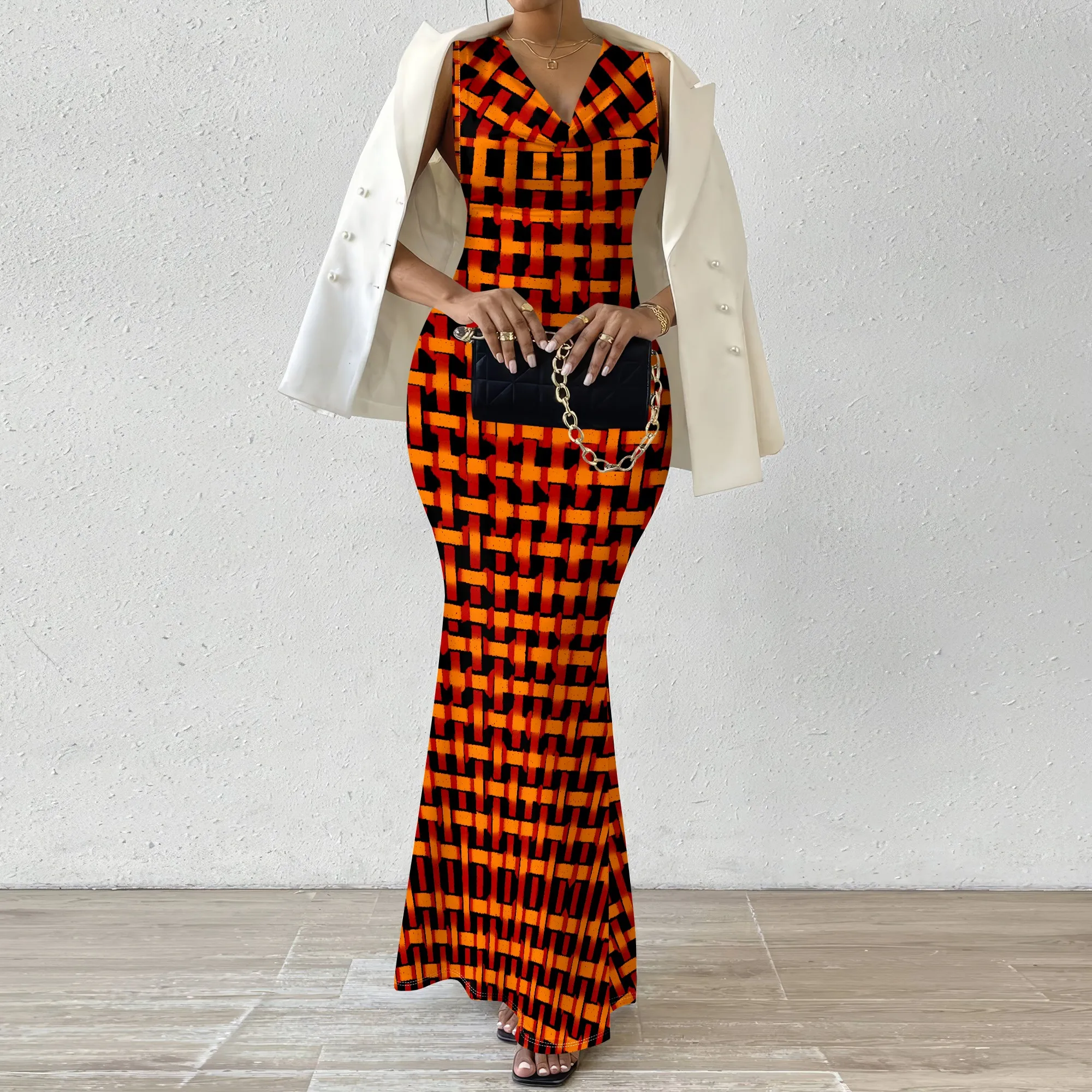 

"Women's XS-2XL V-Neck Geometric Print Mermaid Maxi Dress – Elegant Outfit for Thanksgiving & Autumn Wedding"