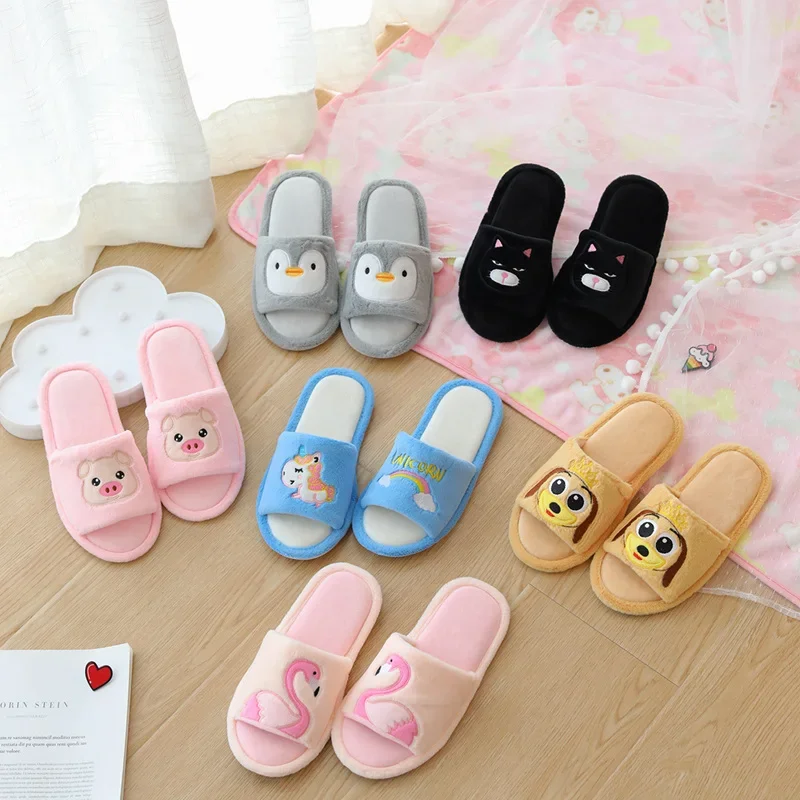 Kawaii plush animal slippers cute penguin unicorn warm spring and autumn adult shoes doll female indoor household supplies