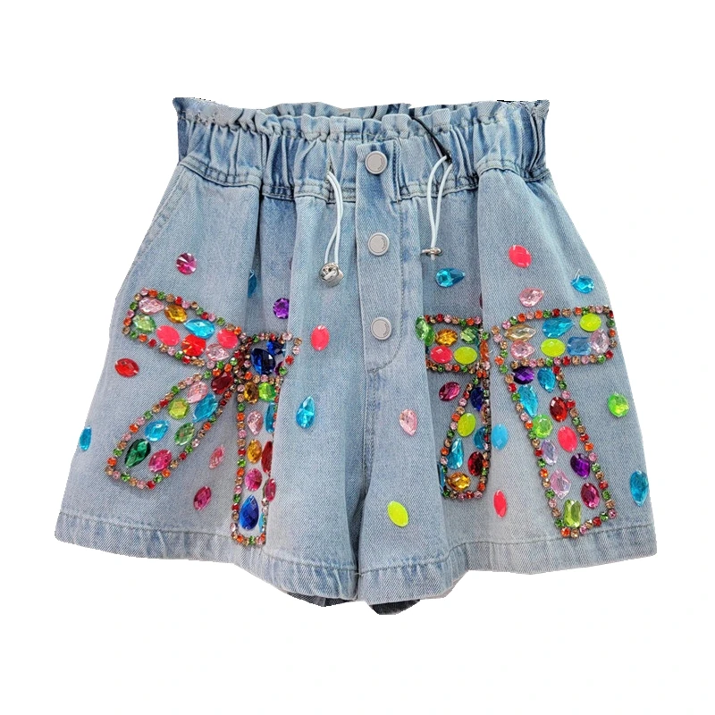 2024 Summer European Goods New Heavy Industry Bow Color Diamond Beaded High Waist Slimming Wide-Leg Denim Shorts for Women