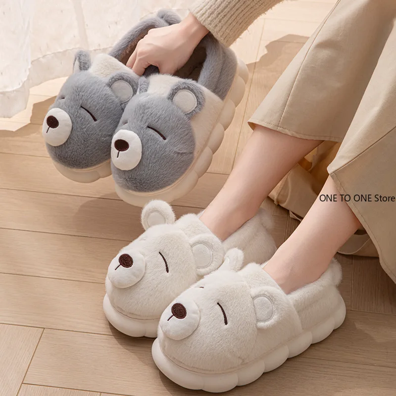 

Couple Cute Teddy Bear Design Slippers Women Winter Casual Soft Heel Slippers Platform Fur Warm Indoor Comfortable Home Slippers