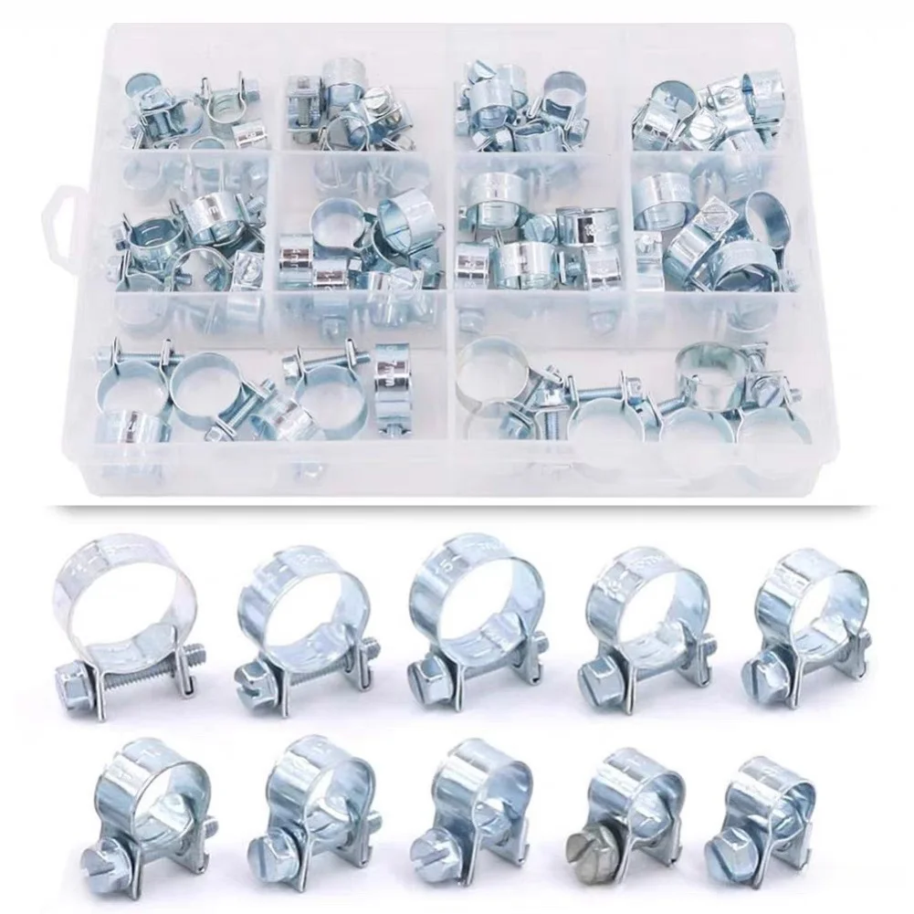 50Pcs Galvanized Iron For Mini Fuel Hose Clamp Set Adjustable Screw Pipe Clamps For Automotive Water Air Tube With Storage Box