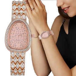 Lujo señoras relojes correa de metal temperamento de la moda huevo de paloma incrustaciones de diamantes de imitación completa correa de las mujeres reloj de cuarzo