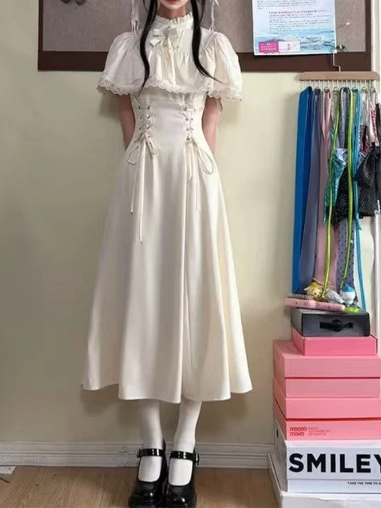 أزياء أنيقة القوس فستان طويل المرأة الصيف فرنسا الحلو الدانتيل يصل فساتين لوليتا الإناث تصميم جديد شيك كيب ريترو ملابس جميلة #1