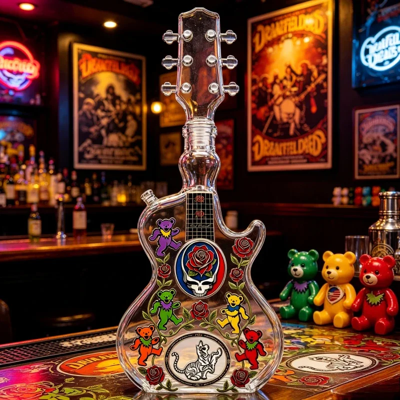 Grateful Dead Guitar Shaped Whiskey Decanter Glass Liquor Bottle Dancing Bear Skull Rose Pattern Rock Band Themed Spirits Carafe