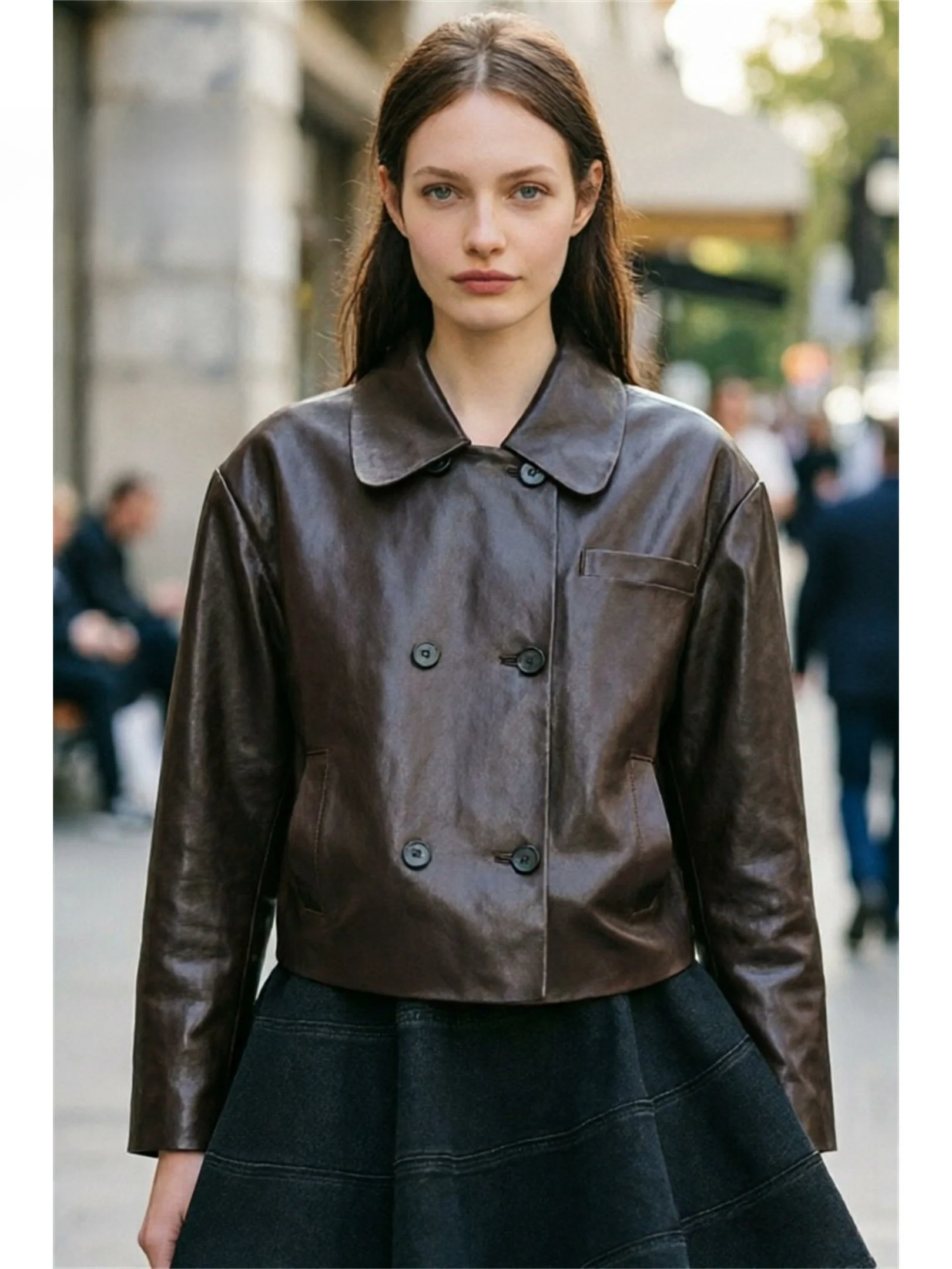 Deep Brown Short Jacket Commute Fashion Women's Frock PU Leather Shirt Casual Straight Cut Long Sleeve Double Button Pure Color