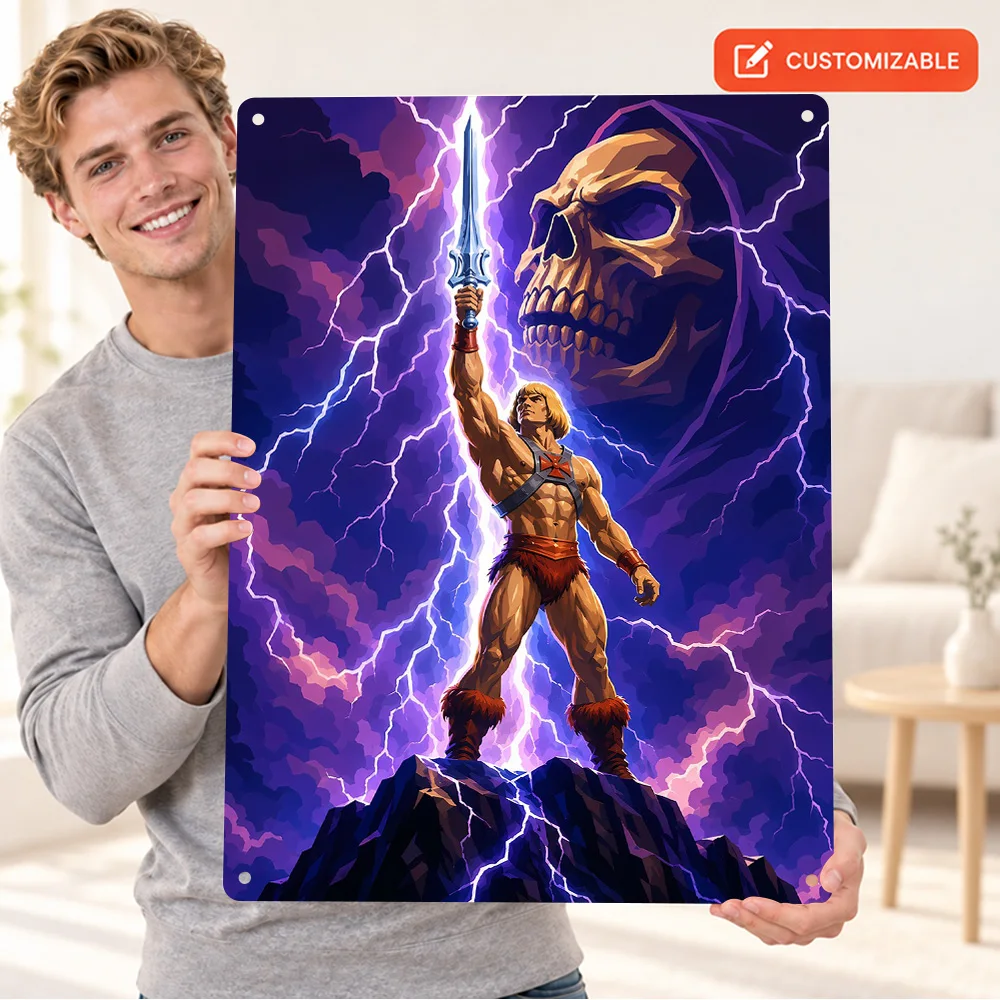He-Man And Skeletor Lightning Illustration Textured Metal Poster Bold Design Studio Wall Art Customized Aluminum Sign Fan Gift