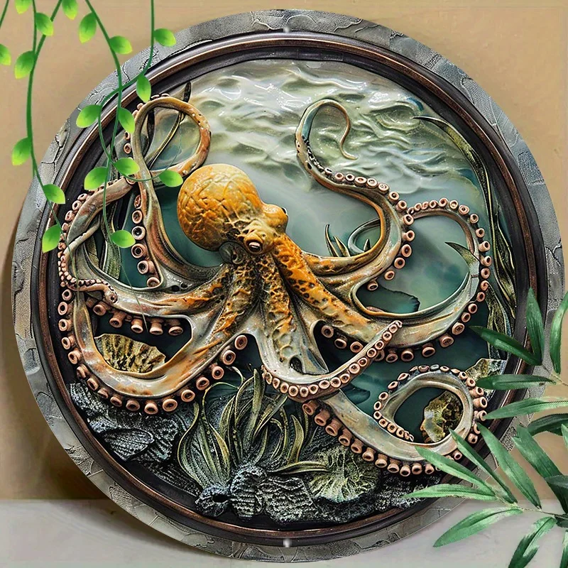 Round Metal Aluminum Mark Colored Plastic Window Hanging, Embossed, Octopus Pattern for Home, Office, Wall Decoration Art