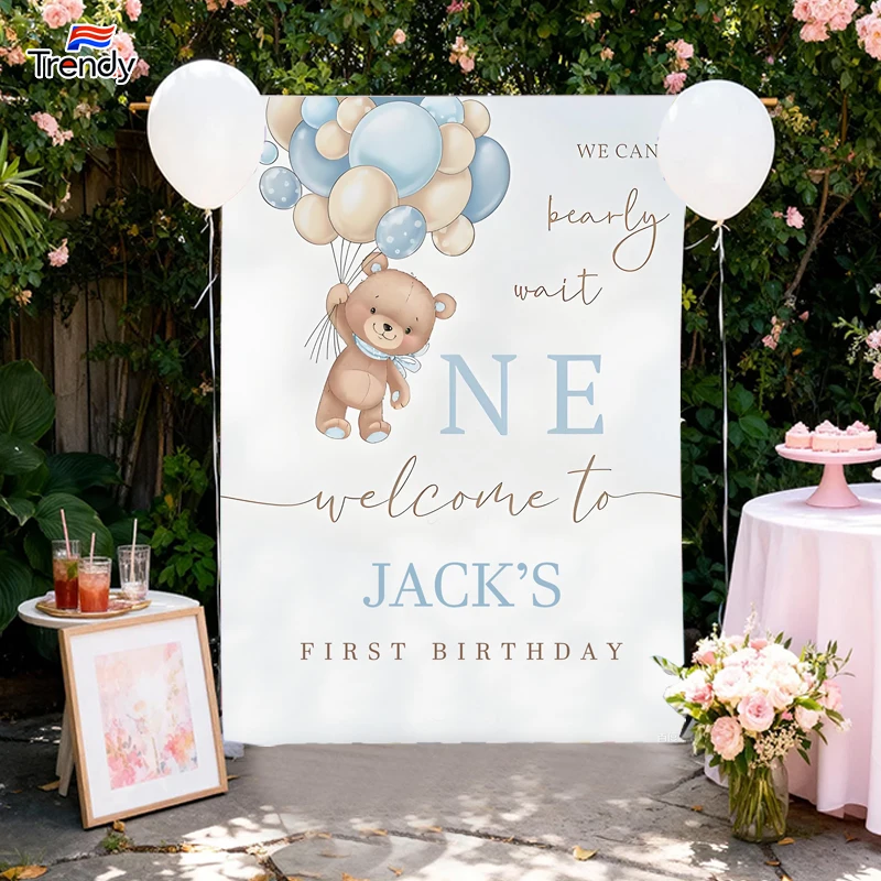 

Bear Birthday Background Girl Custom First One Birthday Backdrop Banner Flag Banners Personalized Name Custom Decor Kids 1st