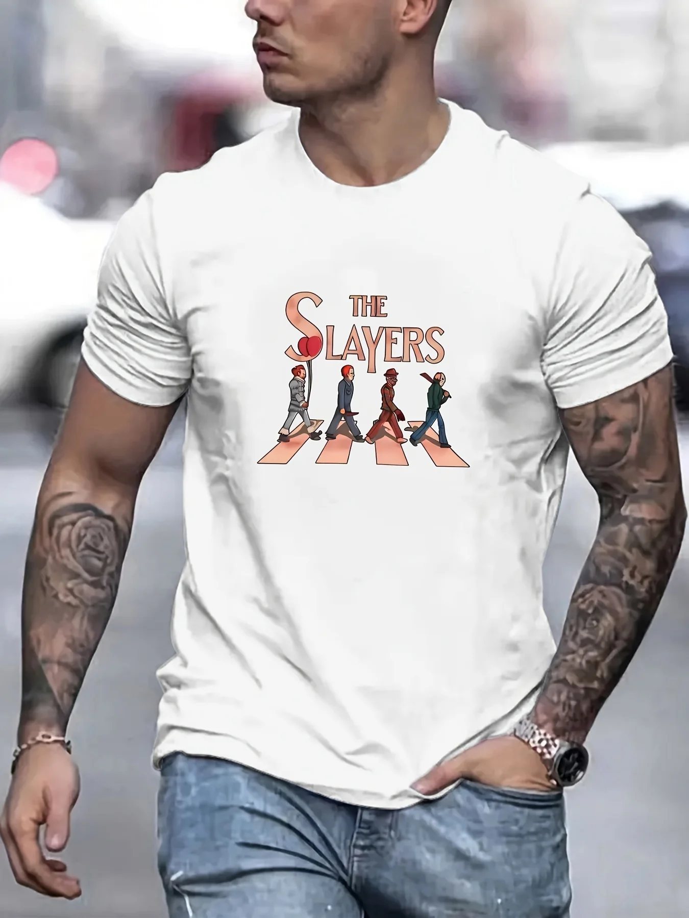 Plus Size-Slayers Printed Men'S Short Sleeve T-Shirt | Comfortable Casual Breathable Top For Men'S Fitness Training, Jogging, Ou