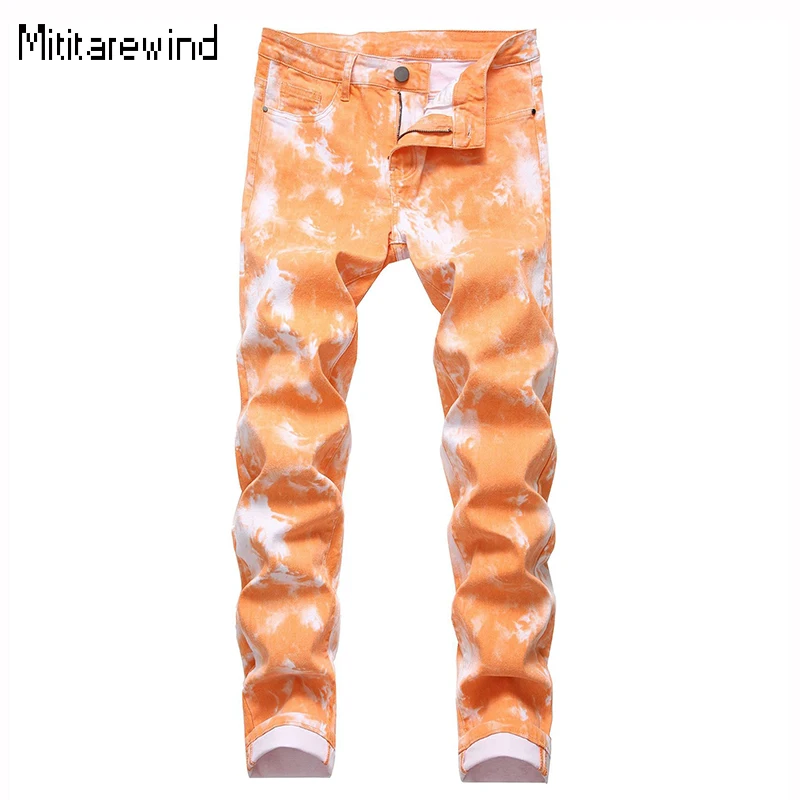 

Four Seasons New Men's Jeans High Street Orange Printed Jeans 99%Cotton Stretch Full Length Slim Jeans Youth Fashion Denim Pants