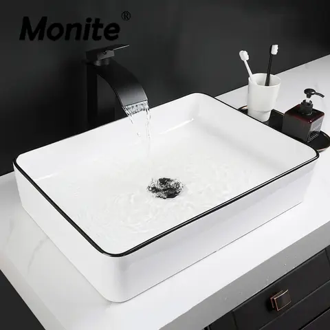 MONITE 욕실 싱크대 세라믹 대야 세트, 여러 스타일 사각형 세면대 상단 싱크대 폭포 수도꼭지, 팝업 배수구 포함
