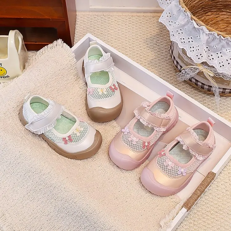 Girls Casual Shoes Toes Capped Lace Sweet Kids Princess Shoes Mesh Breathable 2026 Brand New Children Flats Breathable Soft Sole