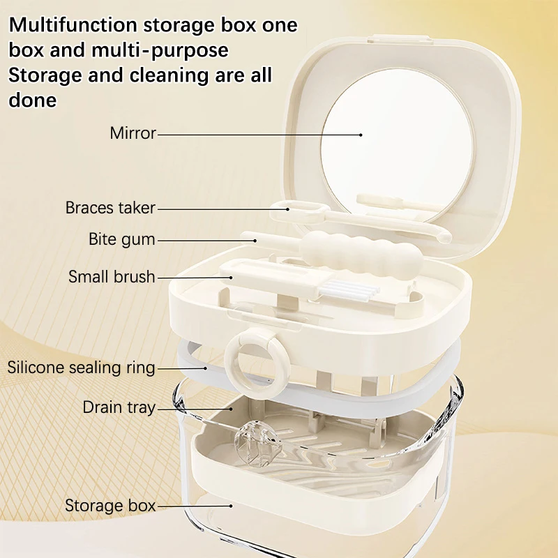 

Portable Mouth Guard Box Retainer Case Oral Cleaning False Teeth Denture Storage Box With Strainer Basket Denture Soak Container