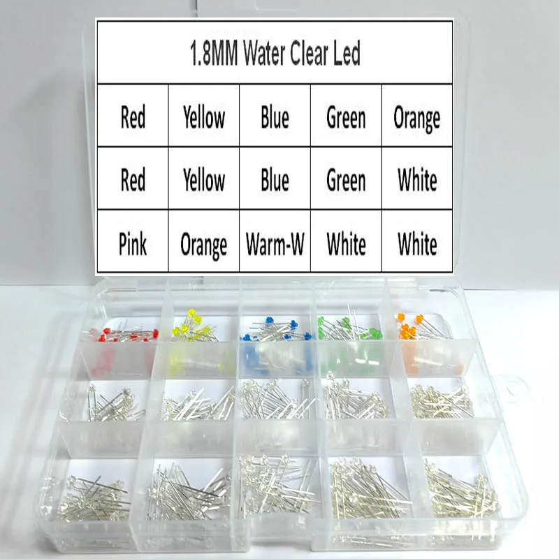 20pcs x 15 Colors = 300pcs 1.8mm Transparent Red/Yellow/Blue/Green/White Ultra Bright water clear R/Y/B/G/W LED Lamps