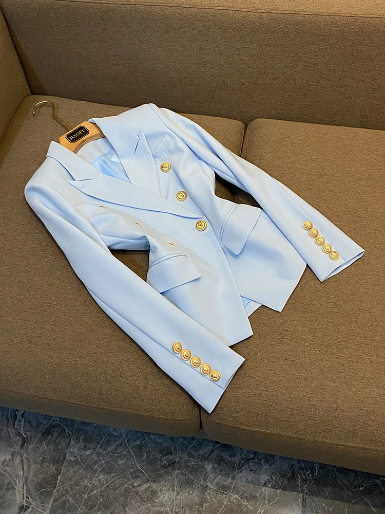 Imagem -03 - Fato de Escritório Azul Claro para Mulheres Trespassado Duplo Manga Longa Blazer Ajustado Lápis de Linha a Minissaia Estilo Elegante Lady Peças