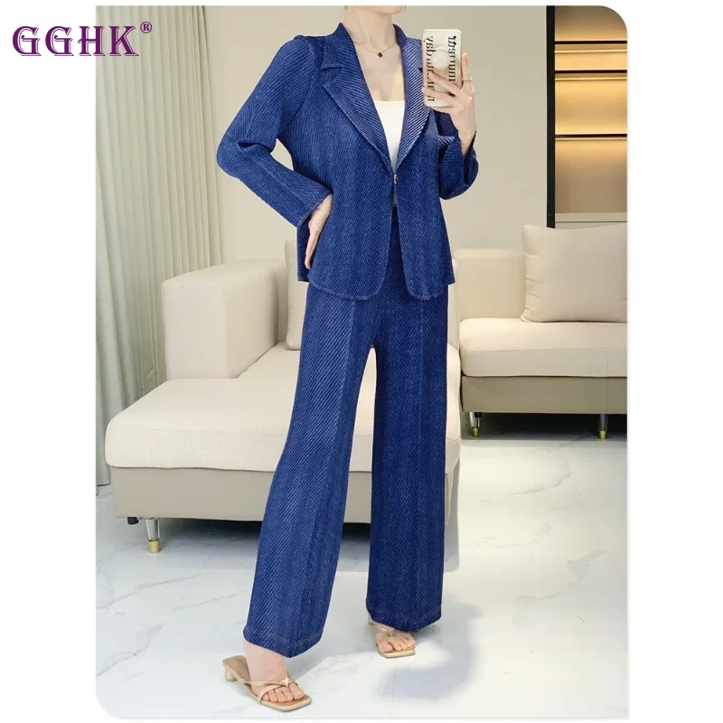 GGHK Pleated Women Suit 2 Piece Solid Color Lapel Long Sleeve Single Button Coat Casual Wide Leg Pants 2025 Formal Clothing New