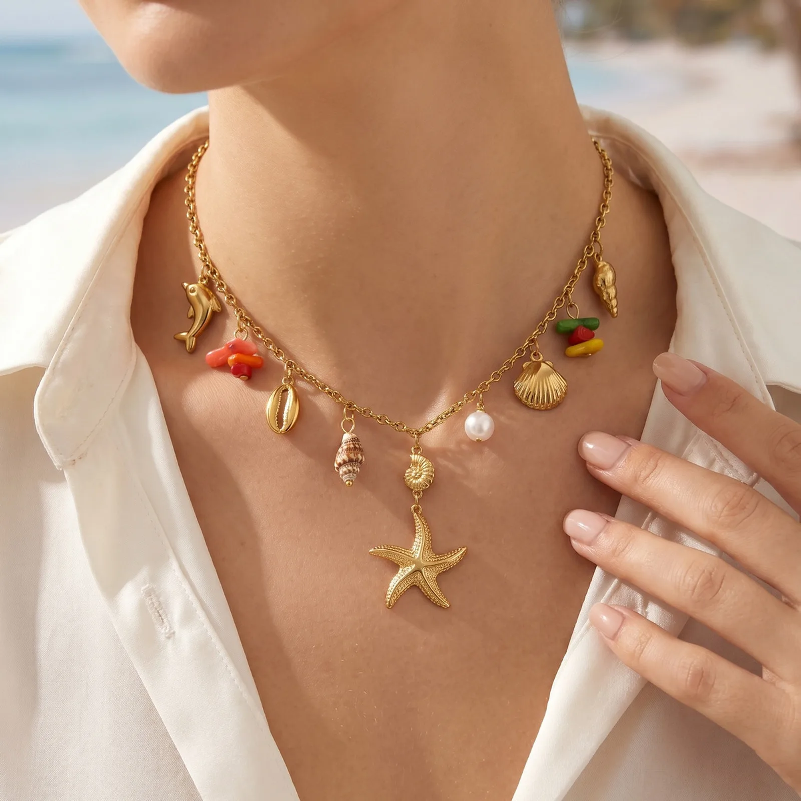 Vnox Ocean Style Boho Starfish Turtle Conch Shell Imitation Pearl Charms Necklace for Women Choker Necklace Beach Jewelry Gift
