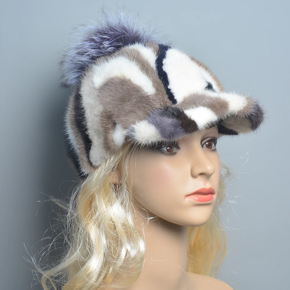 Hot Sale Women Natural Mink Fur Hat Brim Baseball Cap Fox Fur Pompom Women Winter Elegant Stylish Warm Caps