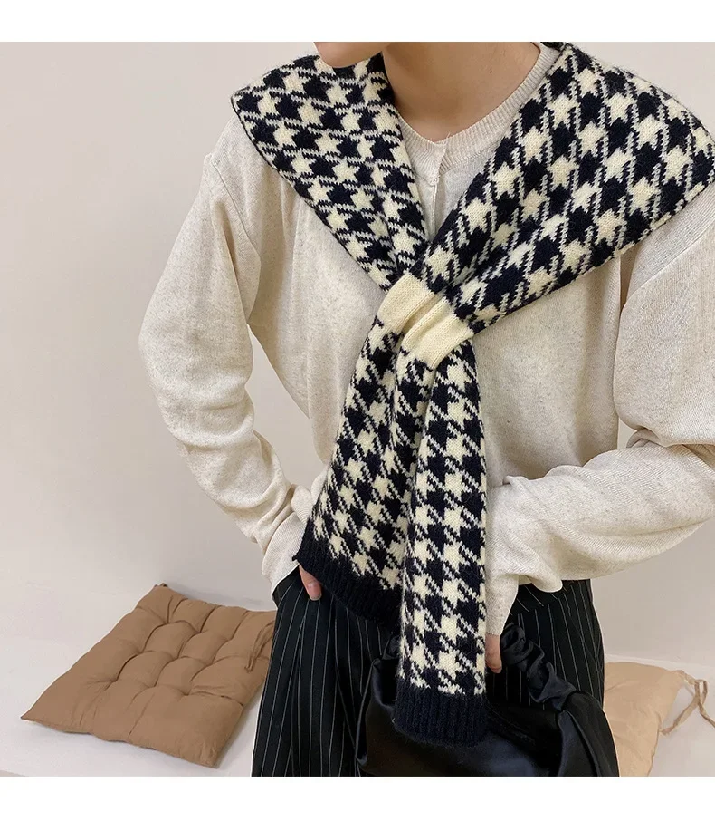 2025 coreano lã malha quente xale inverno blusa feminina ombros gola falsa capa cachecol de malha houndstooth pescoço guarda cachecol