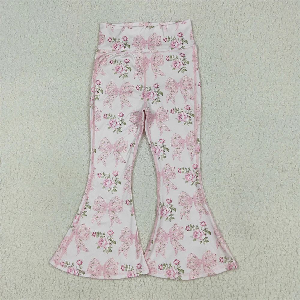 

Baby Girls Light Pink Bow Floral Yoga Pants Bell Bottoms Soft Cotton Stretchy Comfortable Fit for Toddlers And Infants