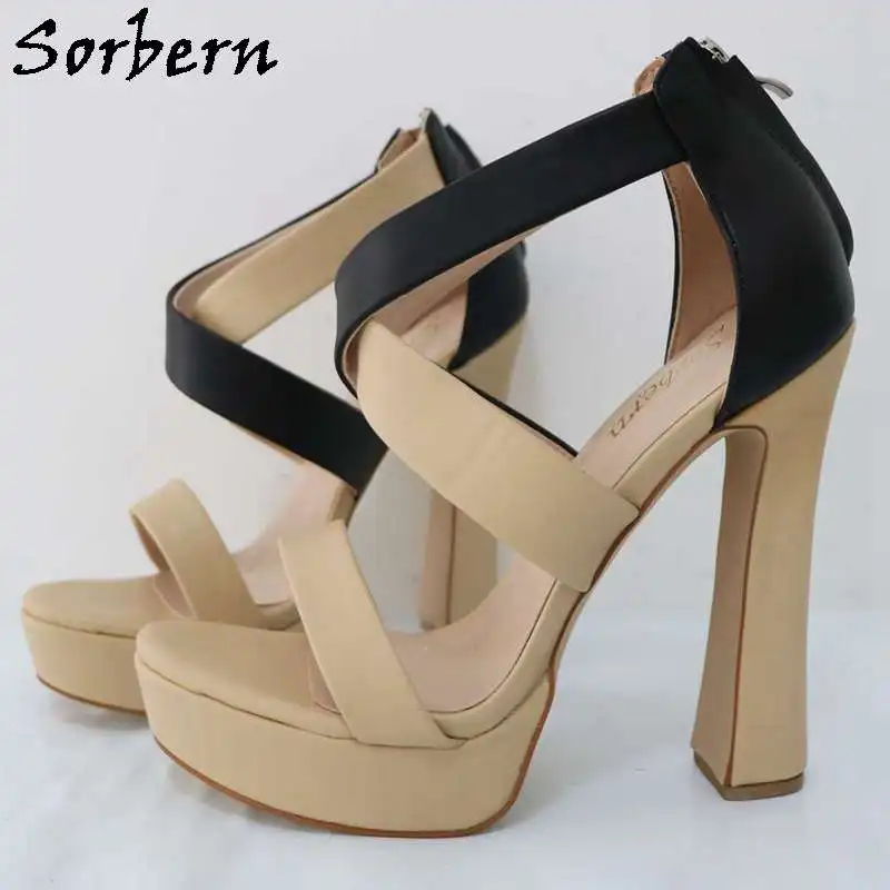 Sorbern Confirmtable Nude Block High Heel Cross Straps Platform Rear Zippers Unisex Styles Multi Color Summer Shoes Plus Size