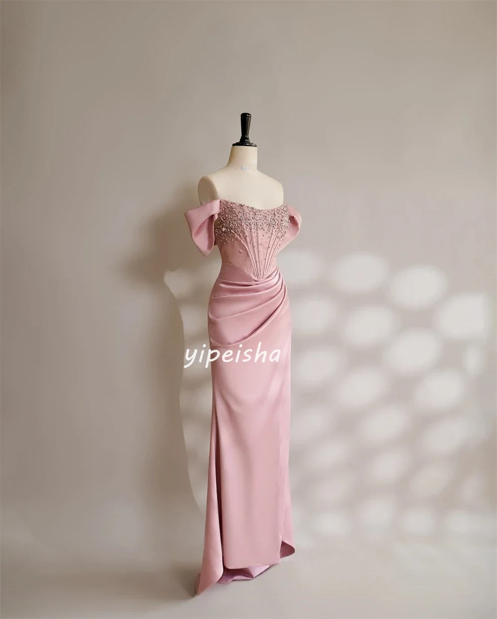 Customized Exquisite Jersey Sequined Pleat Ruched A-line Off-the-shoulder Strapless Long Dresses Cocktail Dresses Classic Modern