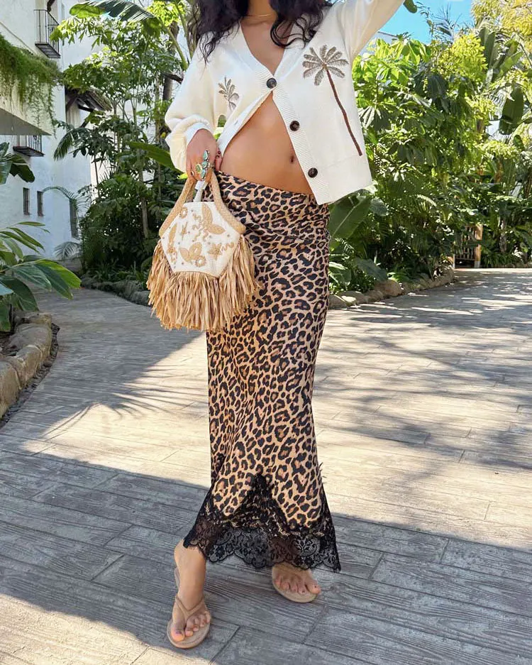 DSMTRC Maxi Skirts 2026 New Woman Summer Clothes Leopard Print Lace Patchwork Long Skirts for Beachwear Casual Elegant Clothing