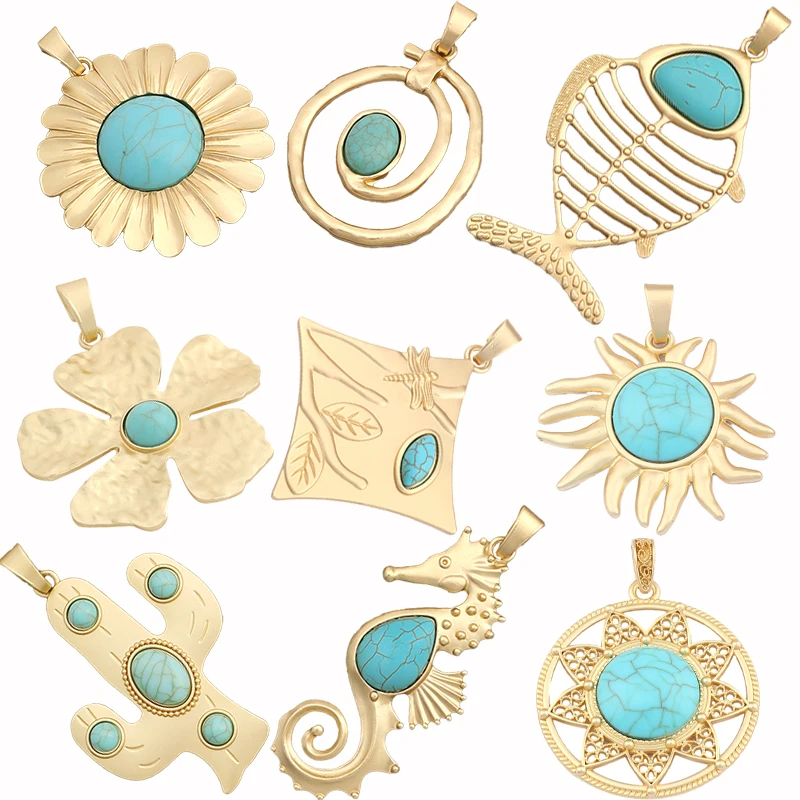 

1pc Large Sunflower/Seahorse/Cacus With Imitation Turquoise Stone Pendant For DIY Boho Necklace Jewellery Making Findings