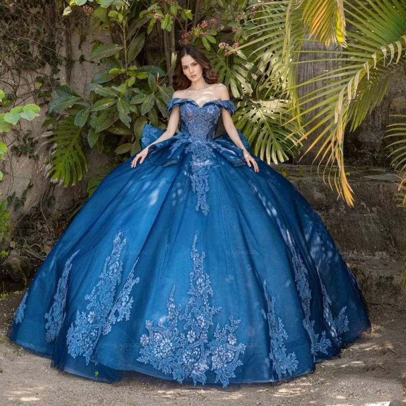 Vestido de quinceañera azul con hombros descubiertos, traje de baile de graduación de princesa, dulce vestido de cumpleaños de Miss 16 XV años, desfile mexicano, nuevo, 2024