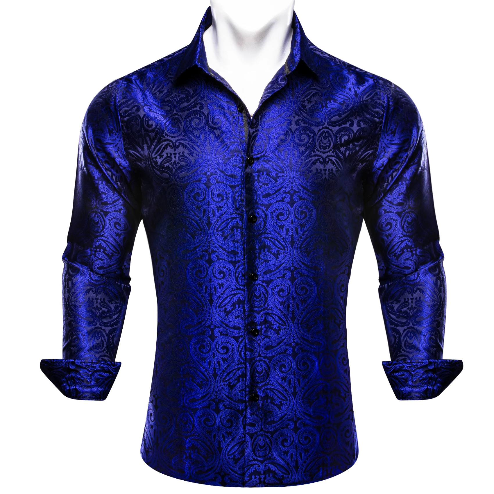 Luxury Shrits for Men Sky Roal Blue Navy Embroidered Paisley Long Sleeve Casual Slim Fit Male Blouses Lapel Barry Wang